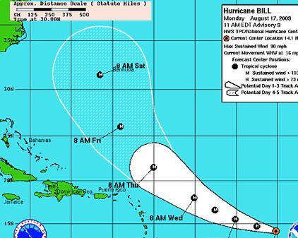 Hurricane Bill’s Path as predicted by National Hurricane Center