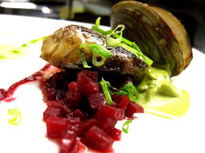 Hotel Manisses Restaurant - Striped Bass w/cherrytone clam