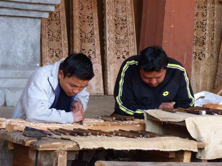 Gangtey Woodworkers Carving New Panels for the Gangtey Goemba - Bhutan