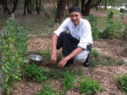 Surfing sous chef plucks herbs from the garden